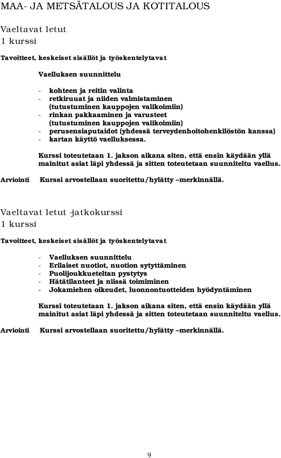 vaelluksessa. Kurssi toteutetaan 1. jakson aikana siten, että ensin käydään yllä mainitut asiat läpi yhdessä ja sitten toteutetaan suunniteltu vaellus.