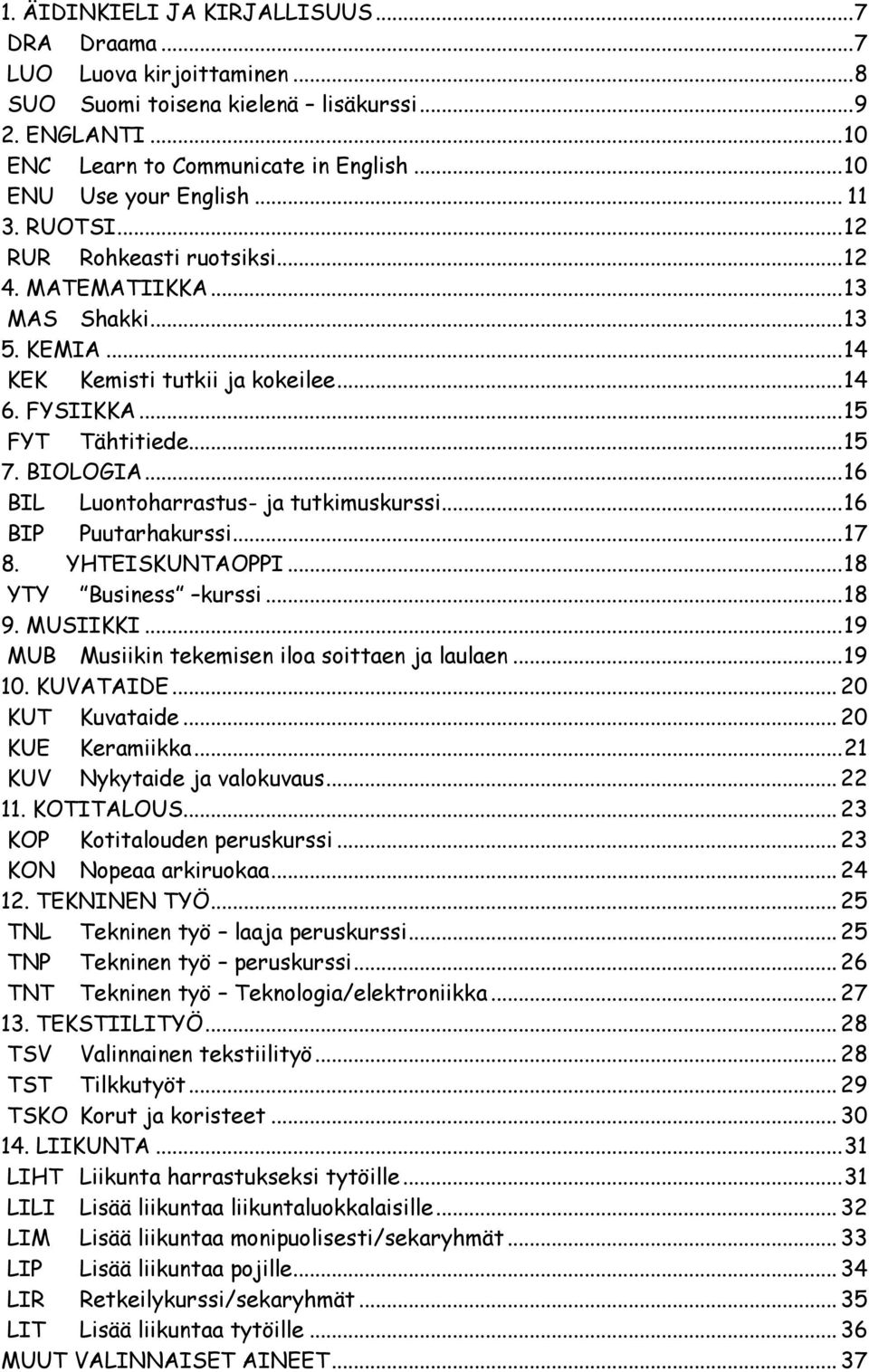 .. 15 FYT Tähtitiede... 15 7. BIOLOGIA... 16 BIL Luontoharrastus- ja tutkimuskurssi... 16 BIP Puutarhakurssi... 17 8. YHTEISKUNTAOPPI... 18 YTY Business kurssi... 18 9. MUSIIKKI.