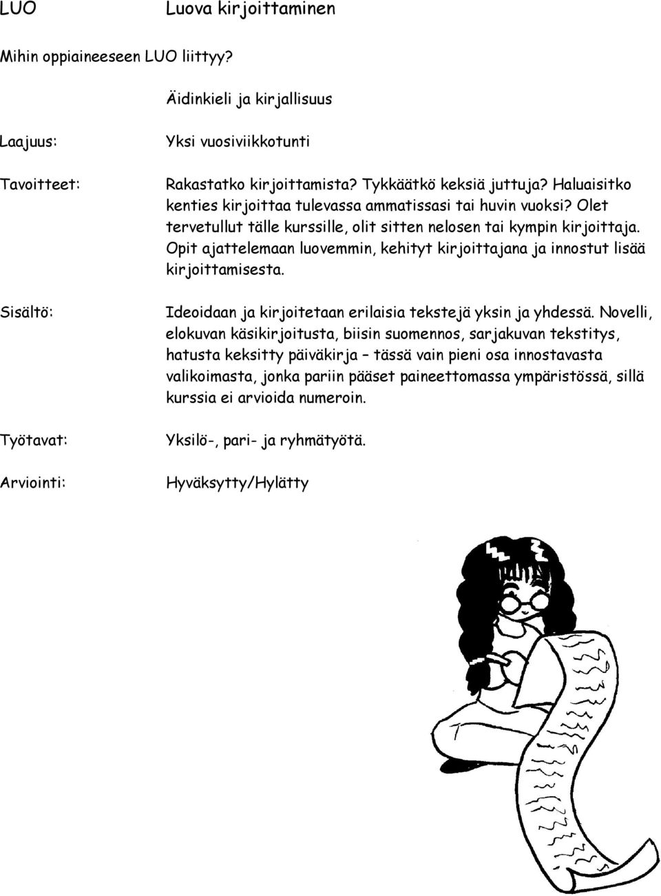 Opit ajattelemaan luovemmin, kehityt kirjoittajana ja innostut lisää kirjoittamisesta. Ideoidaan ja kirjoitetaan erilaisia tekstejä yksin ja yhdessä.