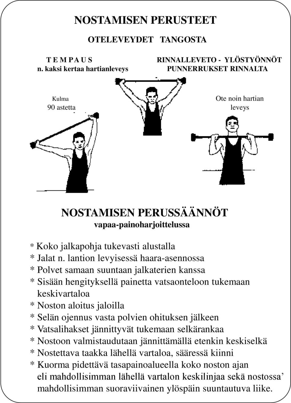 lantion levyisessä haara-asennossa * Polvet samaan suuntaan jalkaterien kanssa * Sisään hengityksellä painetta vatsaonteloon tukemaan keskivartaloa * Noston aloitus jaloilla * Selän ojennus vasta