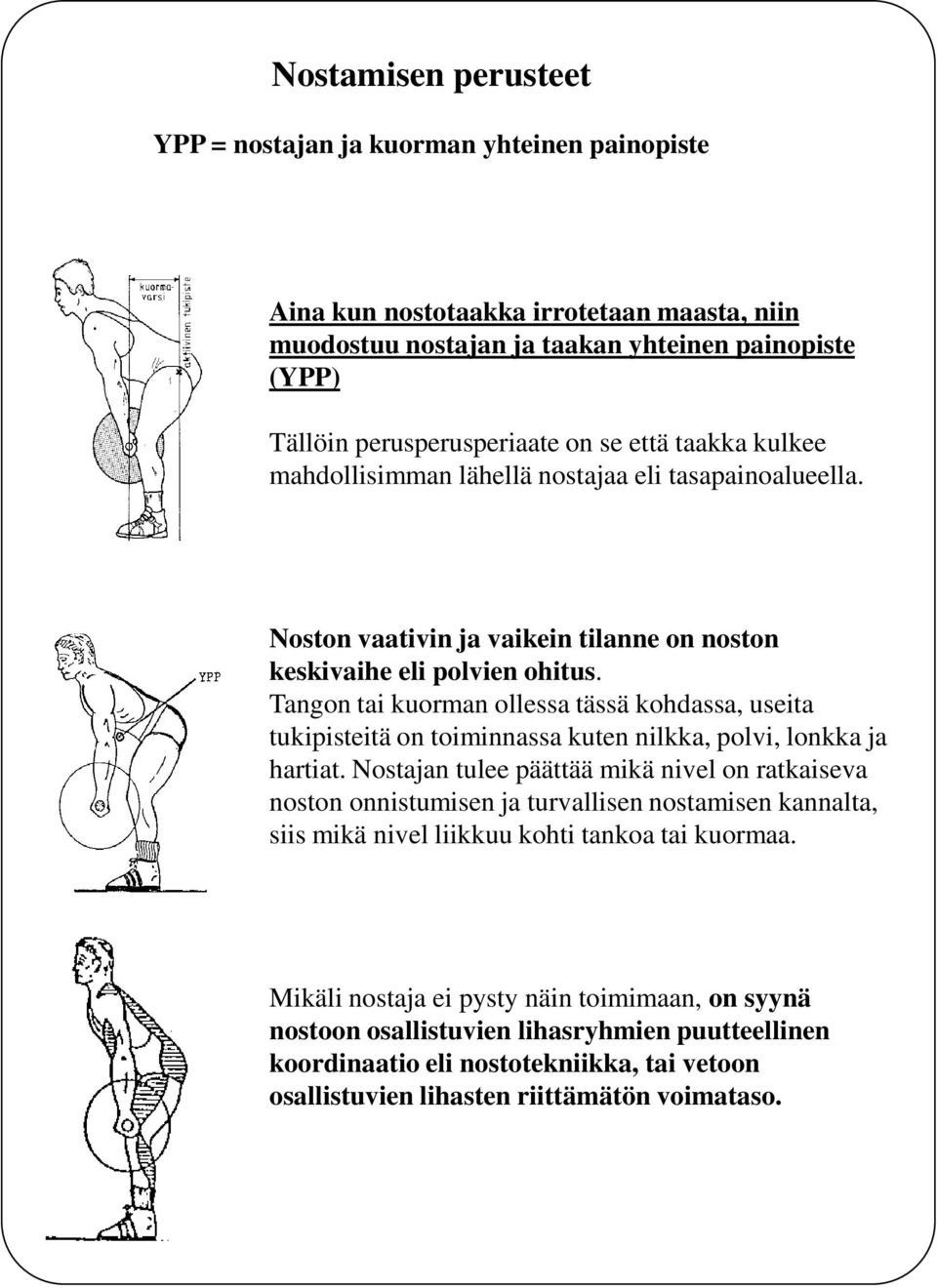 Tangon tai kuorman ollessa tässä kohdassa, useita tukipisteitä on toiminnassa kuten nilkka, polvi, lonkka ja hartiat.