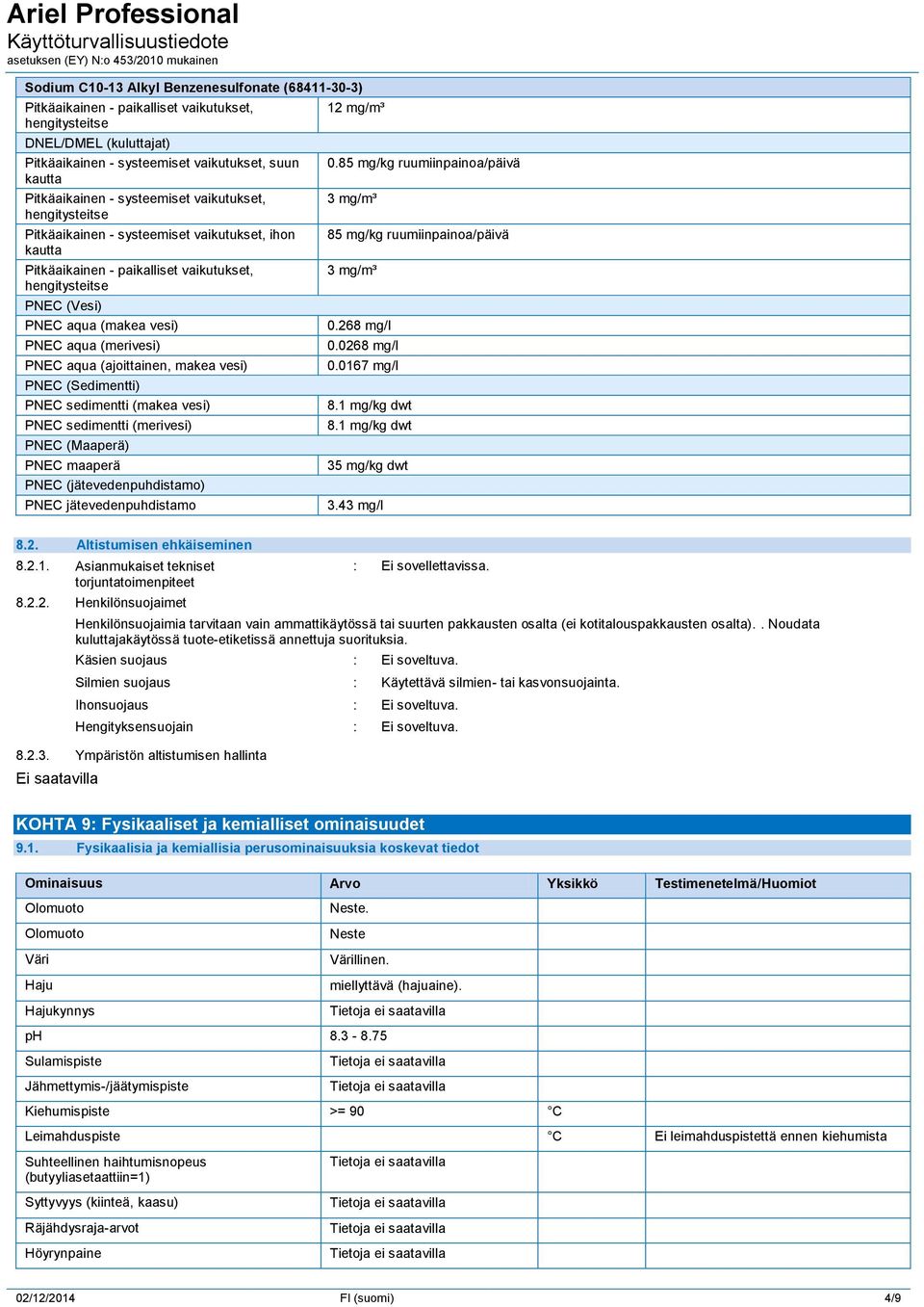 (merivesi) PNEC (Maaperä) PNEC maaperä PNEC (jätevedenpuhdistamo) PNEC jätevedenpuhdistamo 12 mg/m³ 0.85 mg/kg ruumiinpainoa/päivä 3 mg/m³ 85 mg/kg ruumiinpainoa/päivä 3 mg/m³ 0.268 mg/l 0.