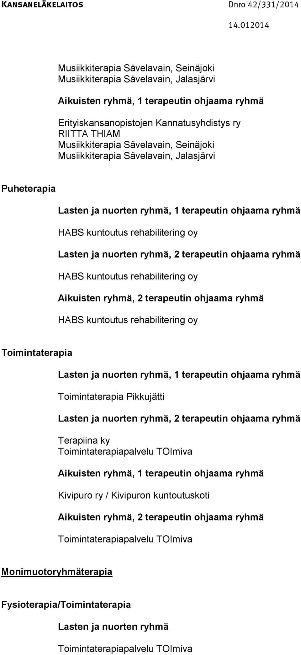 terapeutin ohjaama ryhmä HABS kuntoutus rehabilitering oy Toimintaterapia, 1 terapeutin ohjaama ryhmä Toimintaterapia Pikkujätti, 2 terapeutin ohjaama ryhmä Terapiina ky Toimintaterapiapalvelu