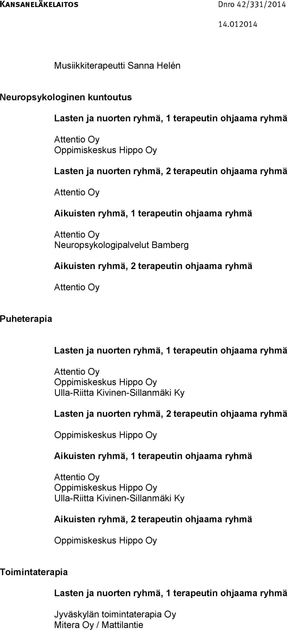 ryhmä Ulla-Riitta Kivinen-Sillanmäki Ky, 2 terapeutin ohjaama ryhmä, 1 terapeutin ohjaama ryhmä Ulla-Riitta