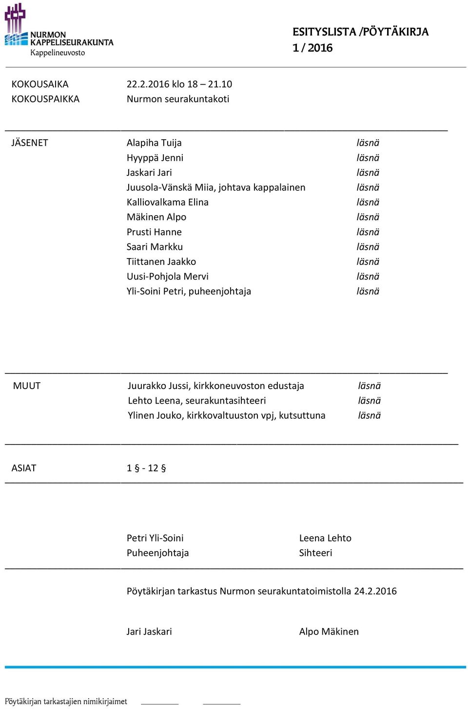 Mäkinen Alpo Prusti Hanne Saari Markku Tiittanen Jaakko Uusi-Pohjola Mervi Yli-Soini Petri, puheenjohtaja MUUT Juurakko Jussi, kirkkoneuvoston