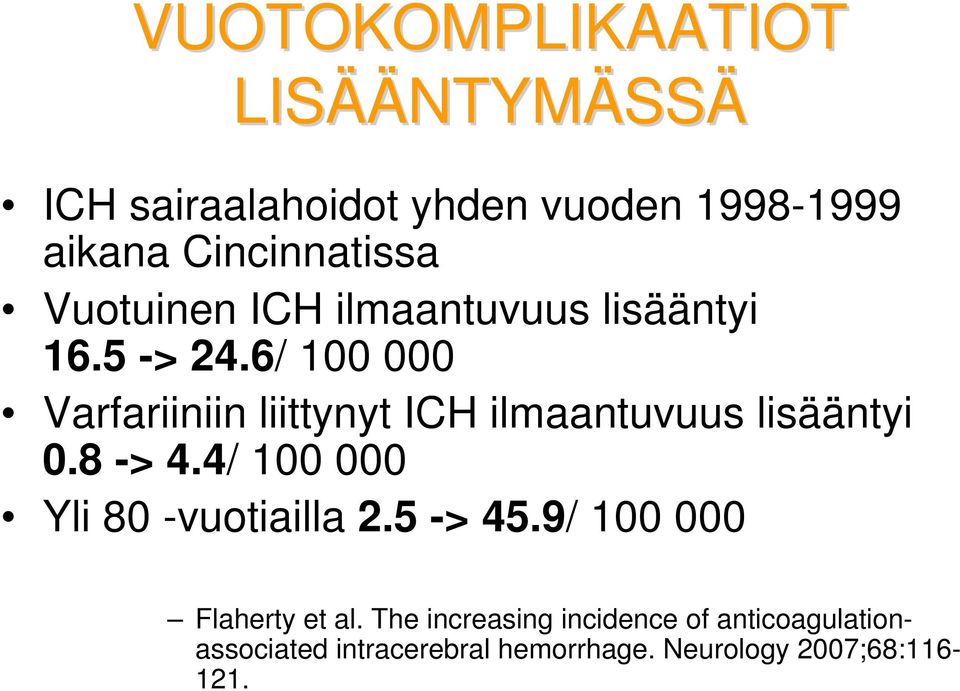 6/ 100 000 Varfariiniin liittynyt ICH ilmaantuvuus lisääntyi 0.8 -> 4.