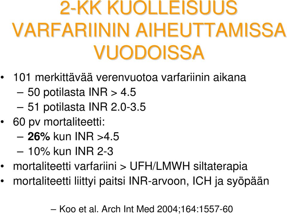 5 60 pv mortaliteetti: 26% kun INR >4.