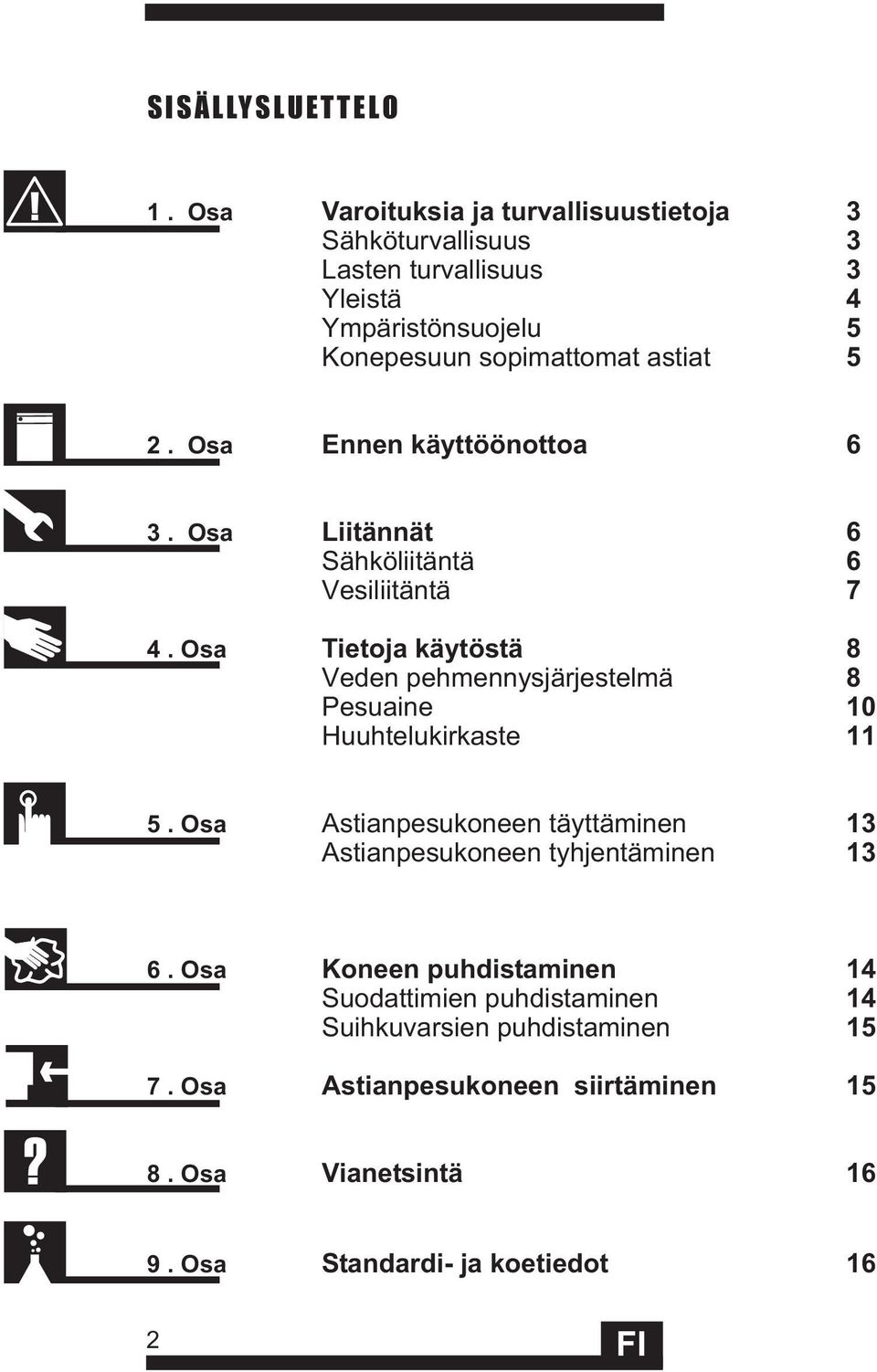 Osa Ennen käyttöönottoa 6 3. Osa Liitännät 6 Sähköliitäntä 6 Vesiliitäntä 7 4.