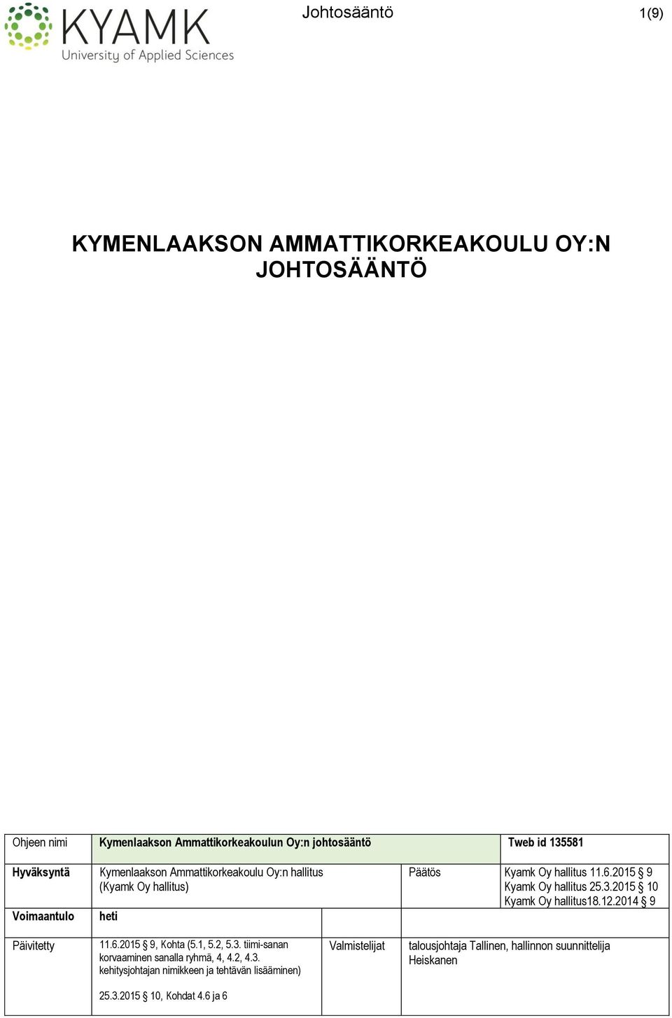 2015 9 Kyamk Oy hallitus 25.3.2015 10 Kyamk Oy hallitus18.12.2014 9 Päivitetty 11.6.2015 9, Kohta (5.1, 5.2, 5.3. tiimi-sanan korvaaminen sanalla ryhmä, 4, 4.