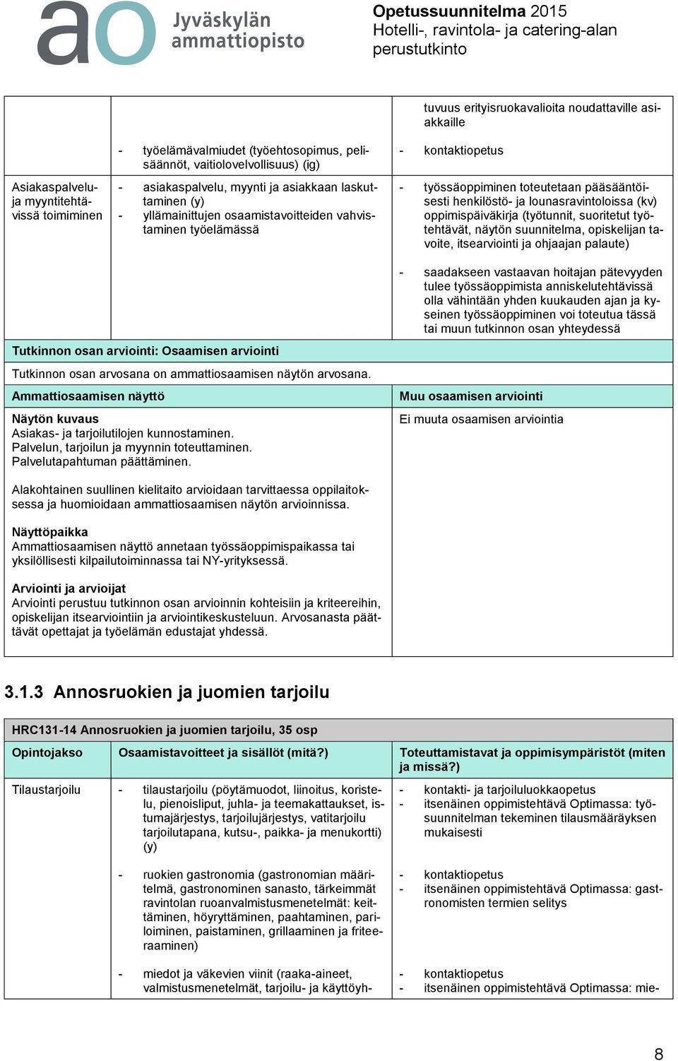 (työtunnit, suoritetut työtehtävät, Tutkinnon osan arvosana on ammattiosaamisen näytön arvosana. Asiakas- ja tarjoilutilojen kunnostaminen. Palvelun, tarjoilun ja myynnin toteuttaminen.