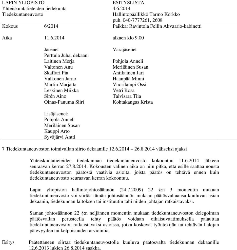 Lapin yliopiston hallintojohtosäännön (24.7.