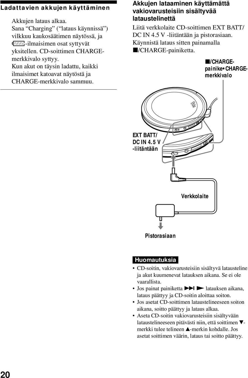 Akkujen lataaminen käyttämättä vakiovarusteisiin sisältyvää lataustelinettä Liitä verkkolaite CD-soittimen EXT BATT/ DC IN 4.5 V -liitäntään ja pistorasiaan.