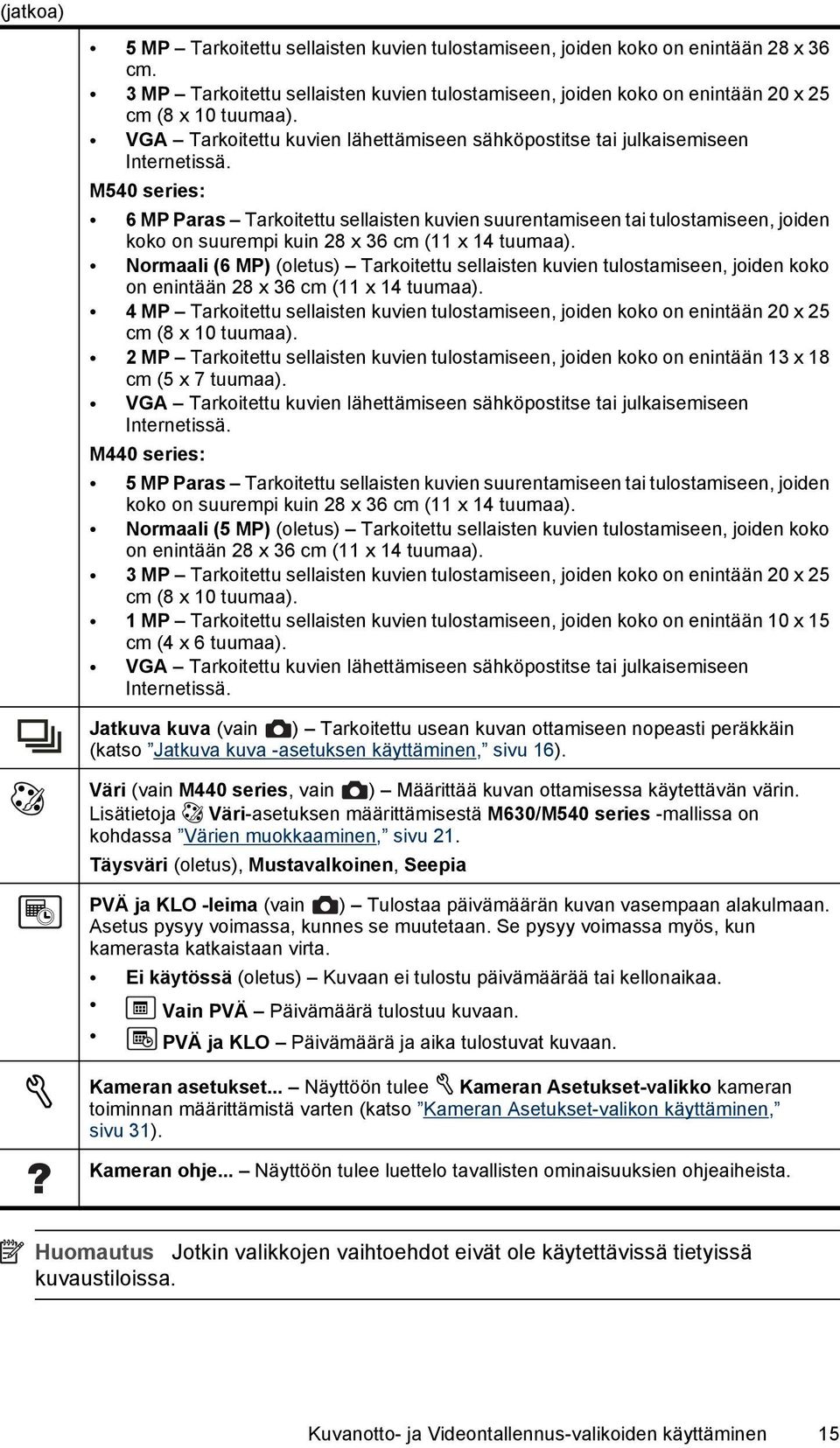 M540 series: 6 MP Paras Tarkoitettu sellaisten kuvien suurentamiseen tai tulostamiseen, joiden koko on suurempi kuin 28 x 36 cm (11 x 14 tuumaa).