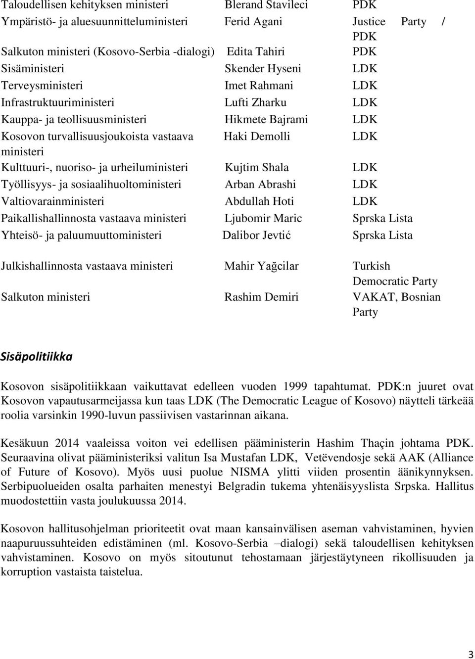 Haki Demolli LDK ministeri Kulttuuri-, nuoriso- ja urheiluministeri Kujtim Shala LDK Työllisyys- ja sosiaalihuoltoministeri Arban Abrashi LDK Valtiovarainministeri Abdullah Hoti LDK