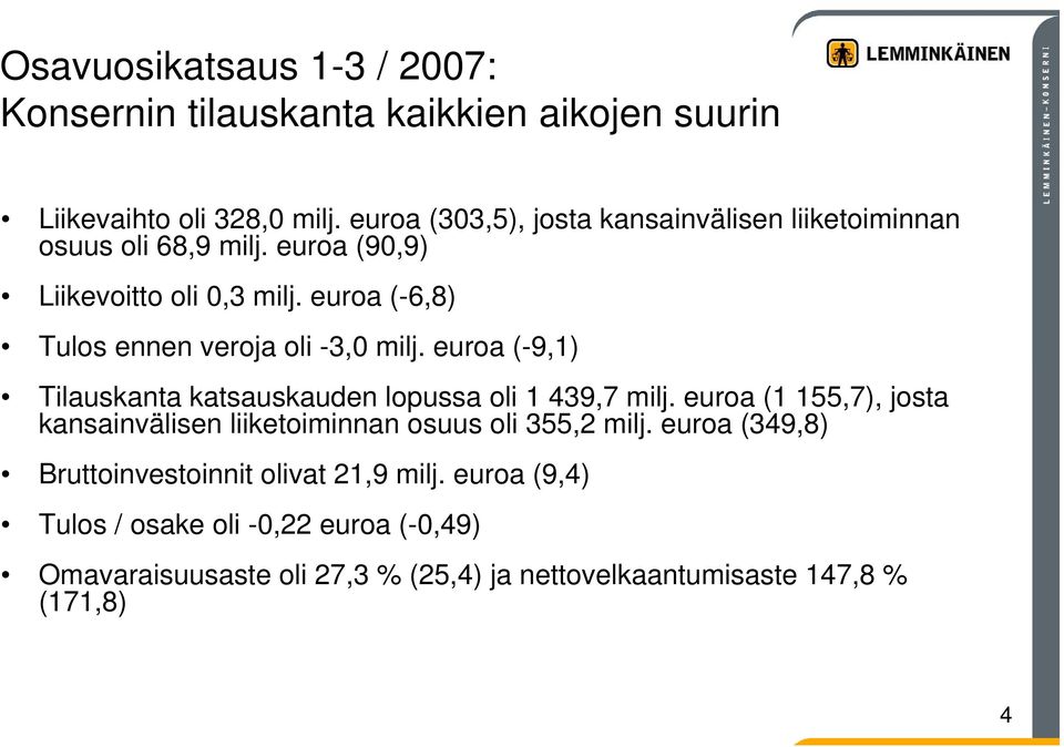 euroa (-6,8) Tulos ennen veroja oli -3, milj. euroa (-9,1) Tilauskanta katsauskauden lopussa oli 1 439,7 milj.