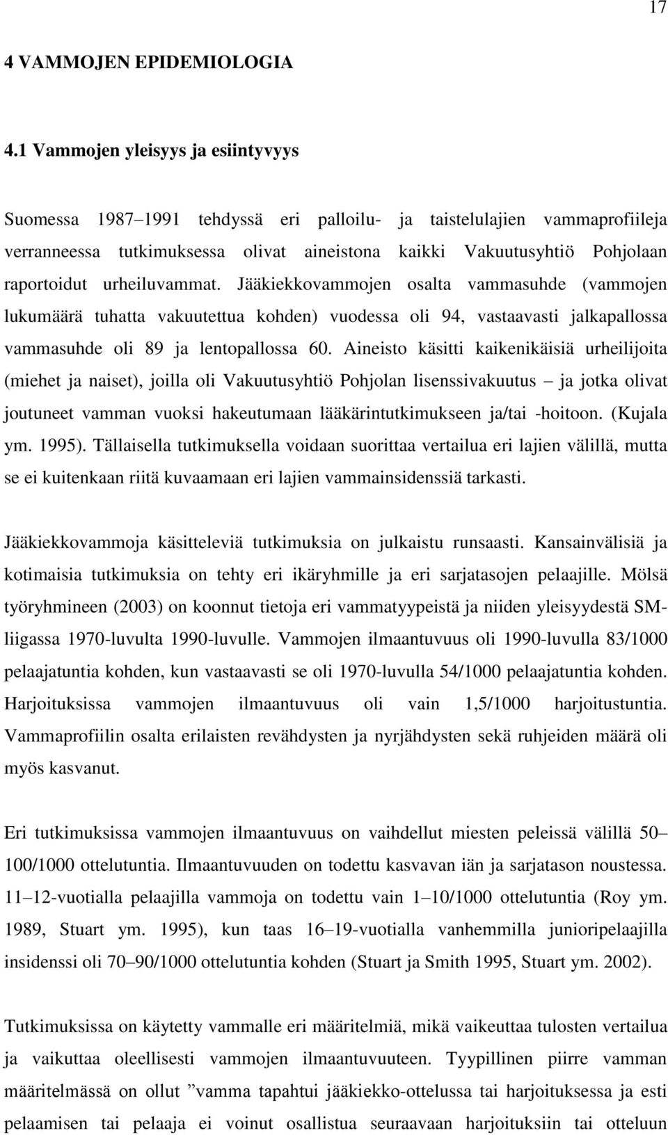 urheiluvammat. Jääkiekkovammojen osalta vammasuhde (vammojen lukumäärä tuhatta vakuutettua kohden) vuodessa oli 94, vastaavasti jalkapallossa vammasuhde oli 89 ja lentopallossa 60.