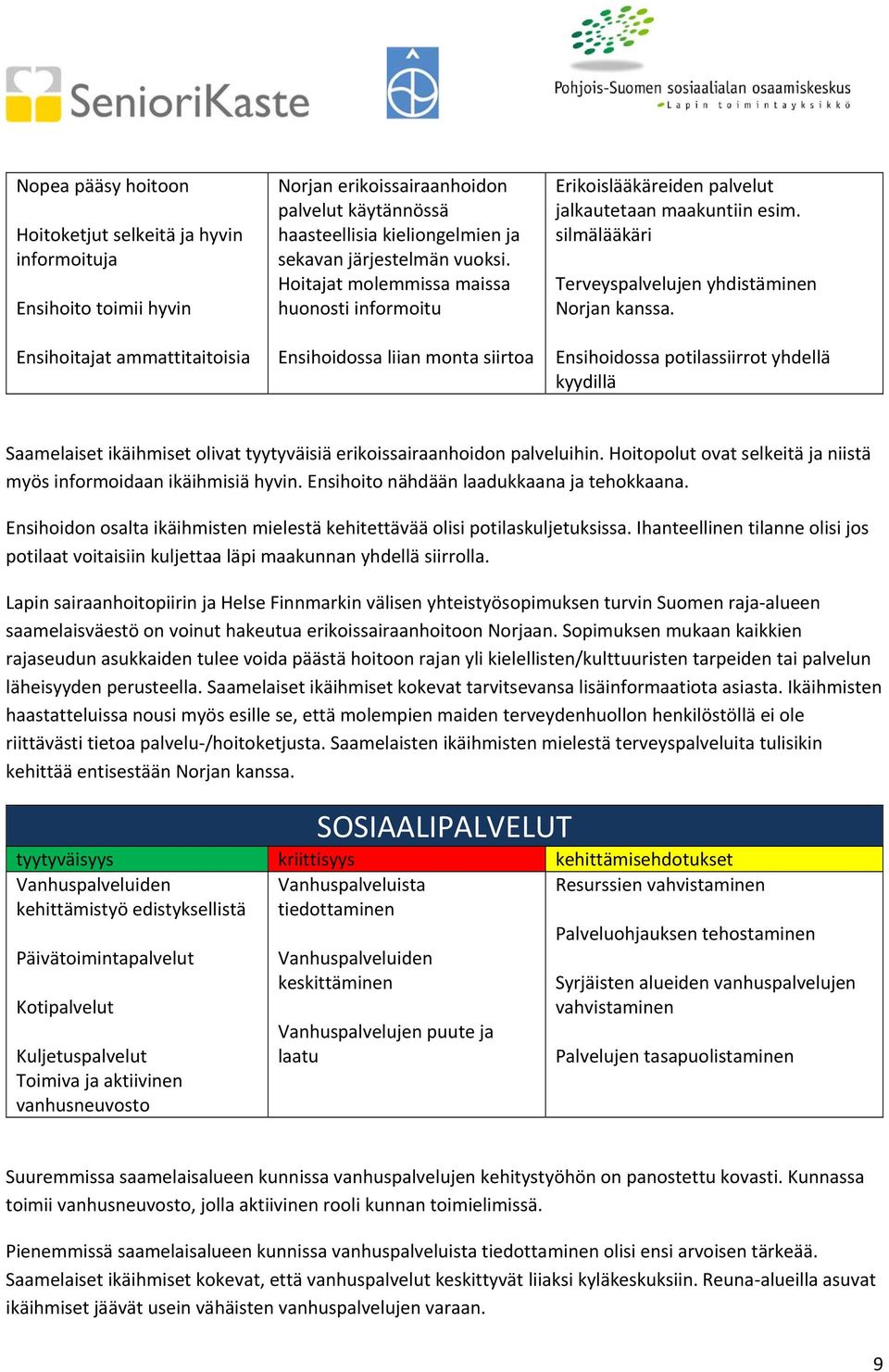 silmälääkäri Terveyspalvelujen yhdistäminen Norjan kanssa. Ensihoidossa potilassiirrot yhdellä kyydillä Saamelaiset ikäihmiset olivat tyytyväisiä erikoissairaanhoidon palveluihin.