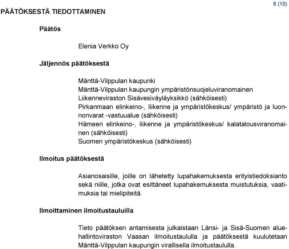 kalatalousviranomainen (sähköisesti) Suomen ympäristökeskus (sähköisesti) Asianosaisille, joille on lähetetty lupahakemuksesta erityistiedoksianto sekä niille, jotka ovat esittäneet lupahakemuksesta