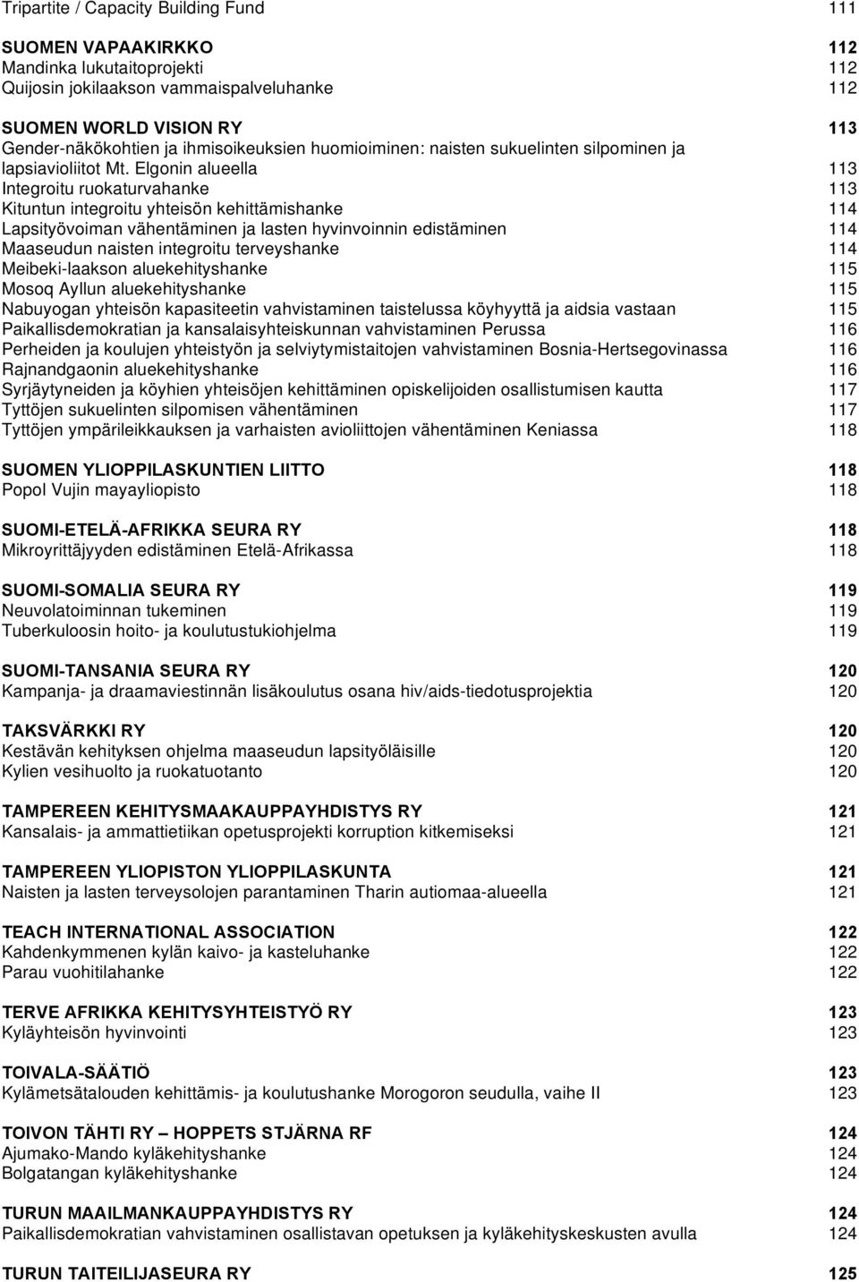 Elgonin alueella Integroitu ruokaturvahanke Kituntun integroitu yhteisön kehittämishanke Lapsityövoiman vähentäminen ja lasten hyvinvoinnin edistäminen seudun naisten integroitu terveyshanke