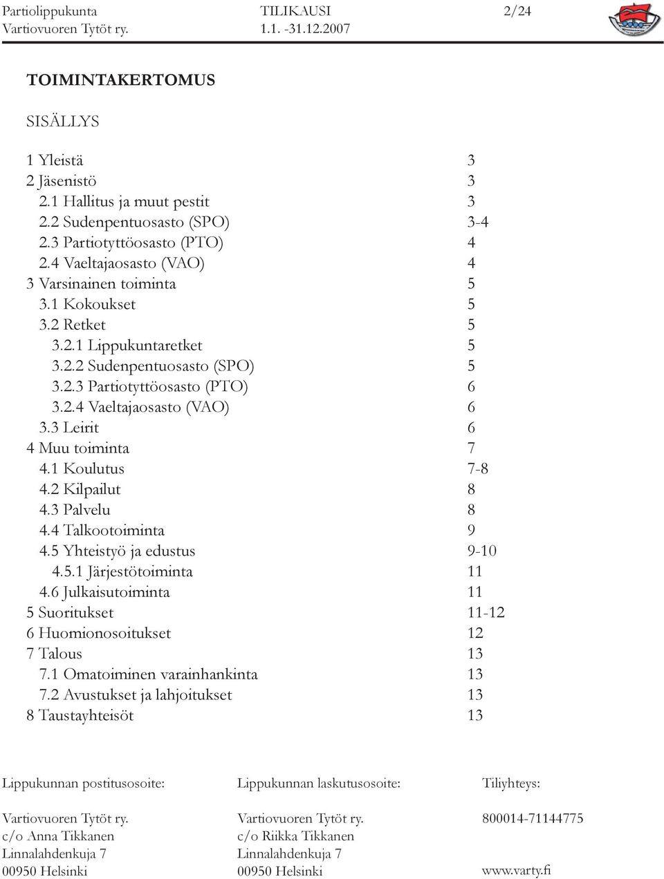 3 Leirit 6 4 Muu toiminta 7 4.1 Koulutus 7-8 4.2 Kilpailut 8 4.3 Palvelu 8 4.4 Talkootoiminta 9 4.5 Yhteistyö ja edustus 9-10 4.5.1 Järjestötoiminta 11 4.