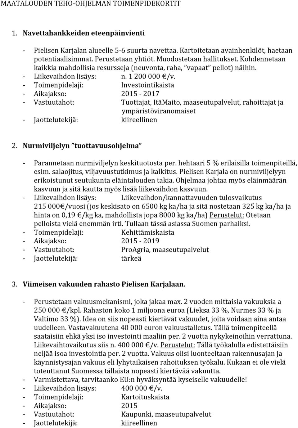 - Aikajakso: 2015-2017 - Vastuutahot: Tuottajat, ItäMaito, maaseutupalvelut, rahoittajat ja ympäristöviranomaiset - Jaottelutekijä: kiireellinen 2.