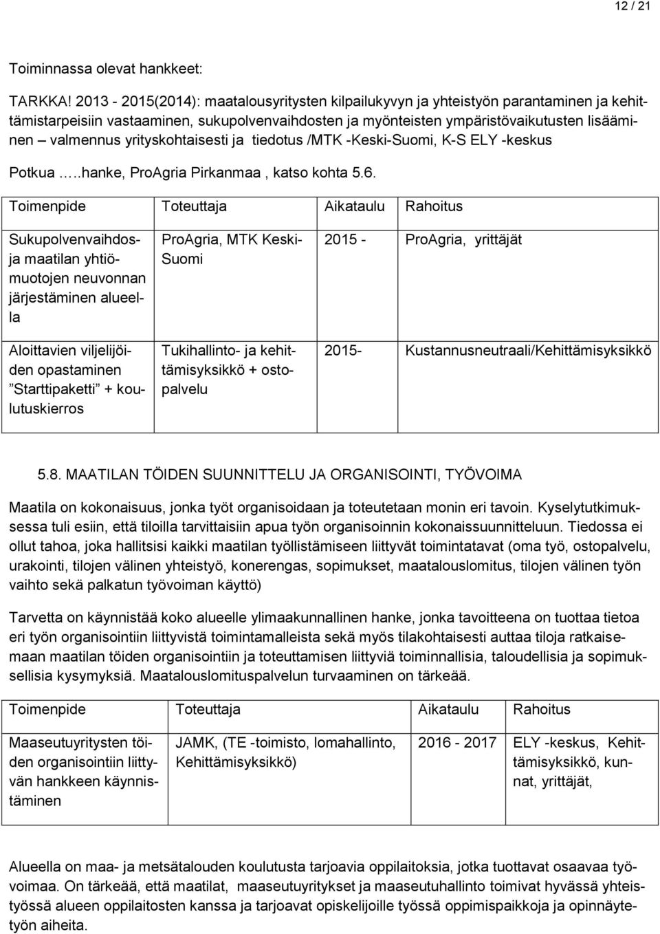 yrityskohtaisesti ja tiedotus /MTK -Keski-Suomi, K-S ELY -keskus Potkua..hanke, ProAgria Pirkanmaa, katso kohta 5.6.