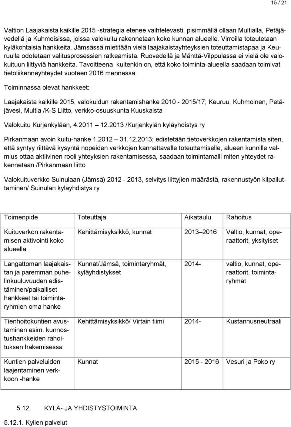 Ruovedellä ja Mänttä-Vilppulassa ei vielä ole valokuituun liittyviä hankkeita. Tavoitteena kuitenkin on, että koko toiminta-alueella saadaan toimivat tietoliikenneyhteydet vuoteen 2016 mennessä.