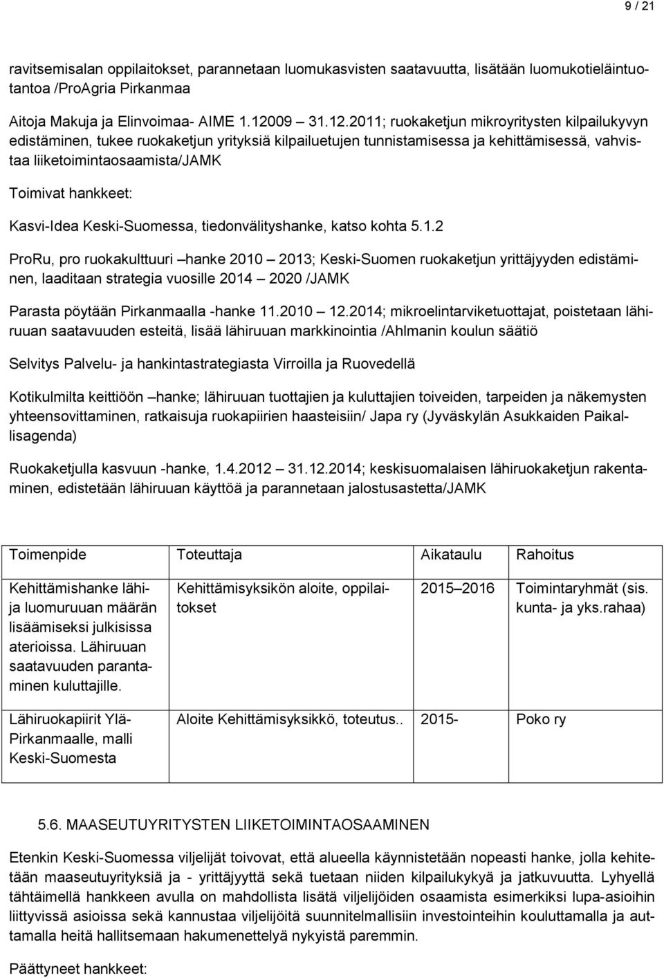 2011; ruokaketjun mikroyritysten kilpailukyvyn edistäminen, tukee ruokaketjun yrityksiä kilpailuetujen tunnistamisessa ja kehittämisessä, vahvistaa liiketoimintaosaamista/jamk Toimivat hankkeet: