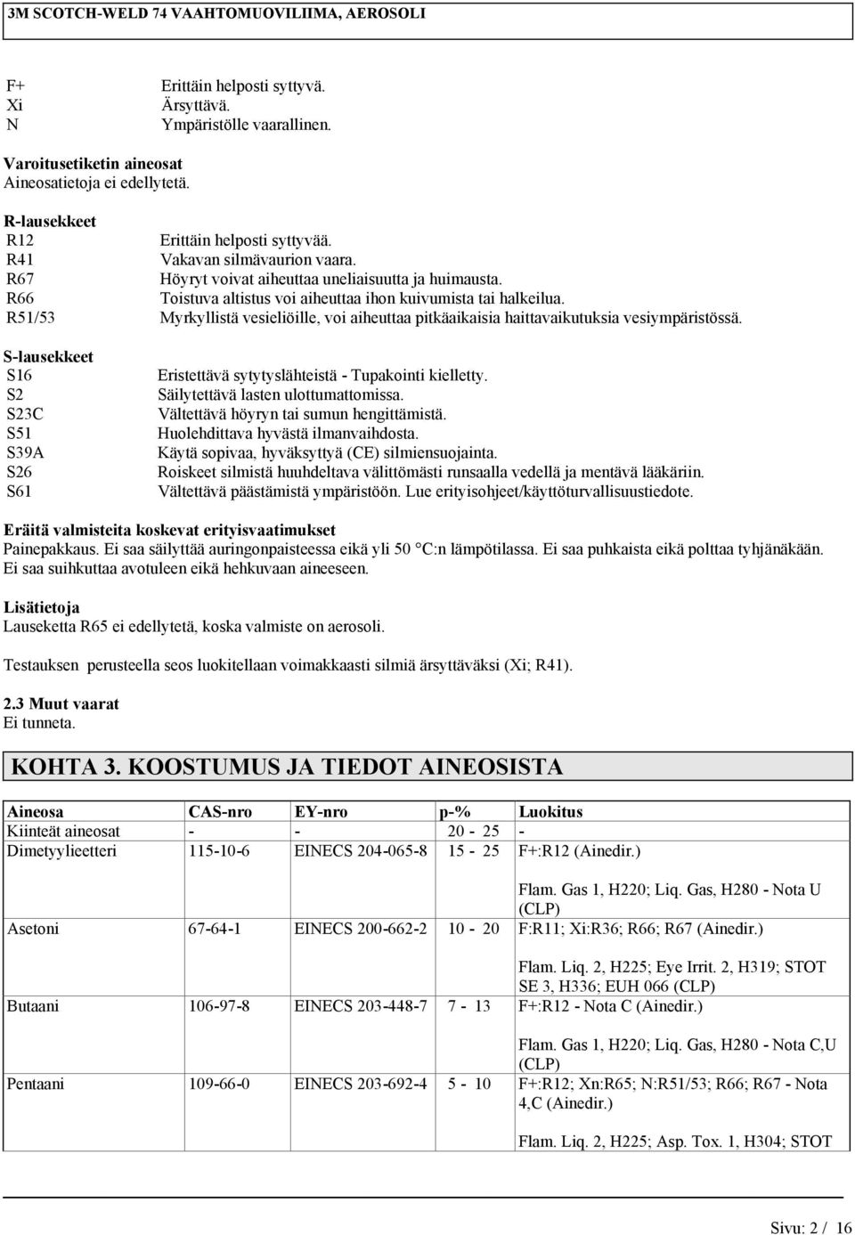 R51/53 Myrkyllistä vesieliöille, voi aiheuttaa pitkäaikaisia haittavaikutuksia vesiympäristössä. S-lausekkeet S16 S2 S23C S51 S39A S26 S61 Eristettävä sytytyslähteistä - Tupakointi kielletty.
