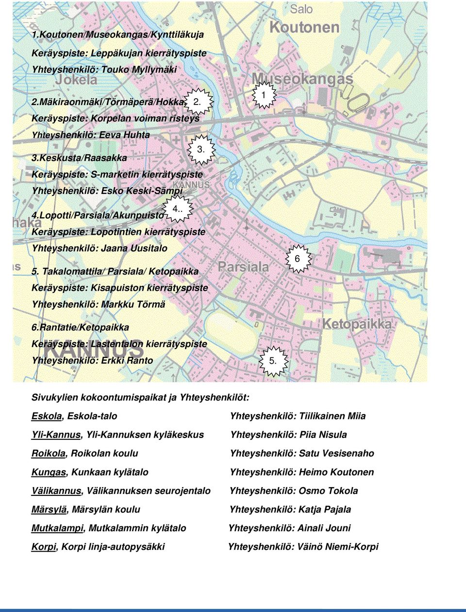 . 4.Lopotti/Parsiala/Akunpuisto Keräyspiste: Lopotintien kierrätyspiste Yhteyshenkilö: Jaana Uusitalo 5.