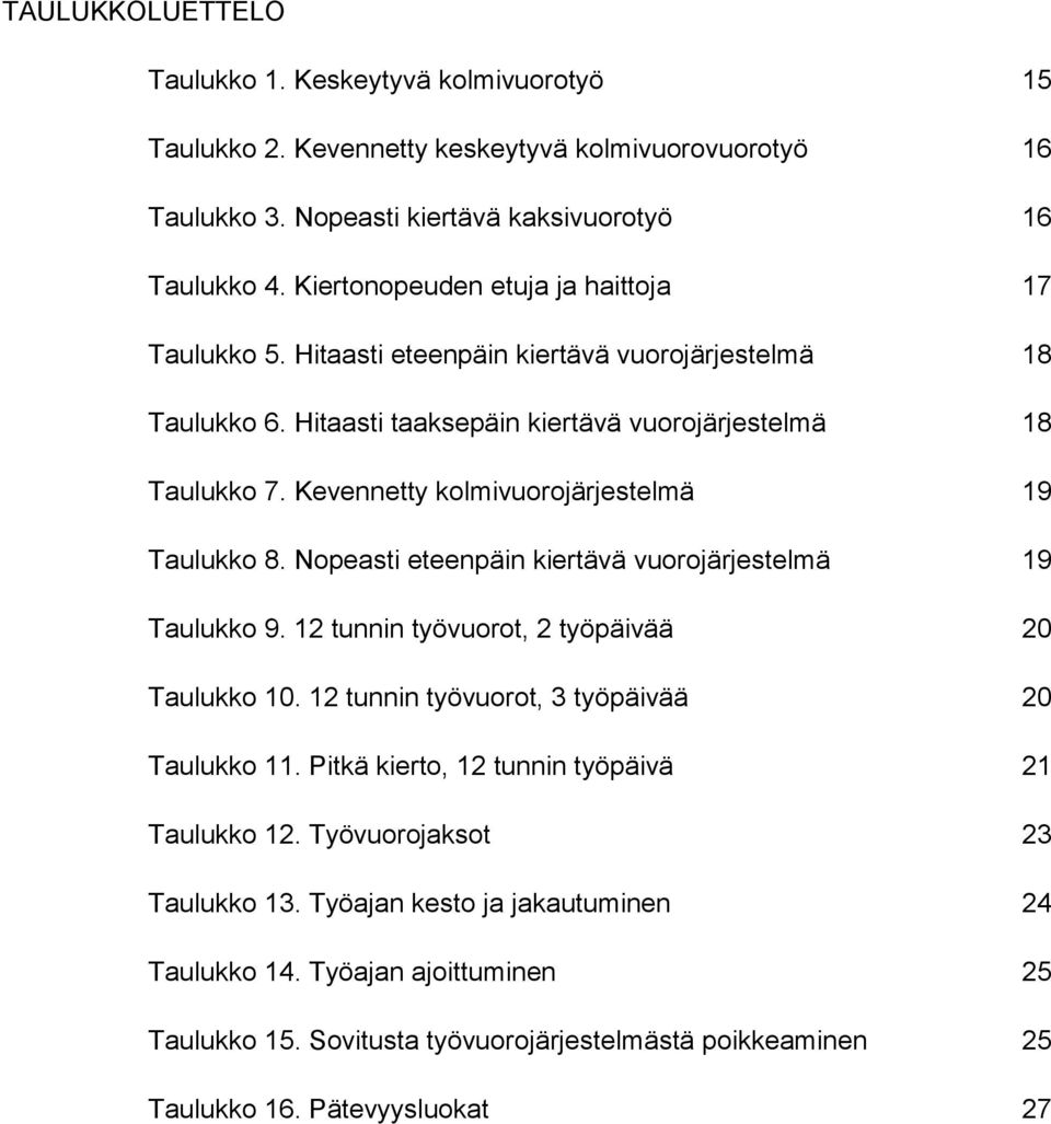 Kevennetty kolmivuorojärjestelmä 19 Taulukko 8. Nopeasti eteenpäin kiertävä vuorojärjestelmä 19 Taulukko 9. 12 tunnin työvuorot, 2 työpäivää 20 Taulukko 10.