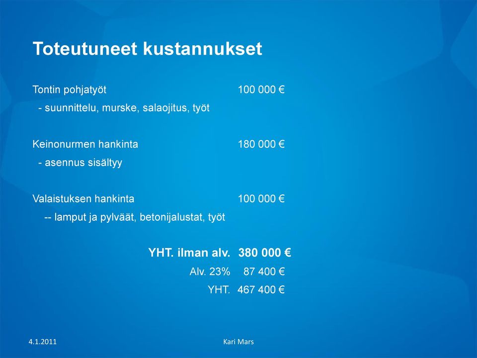 sisältyy Valaistuksen hankinta 100 000 -- lamput ja pylväät,