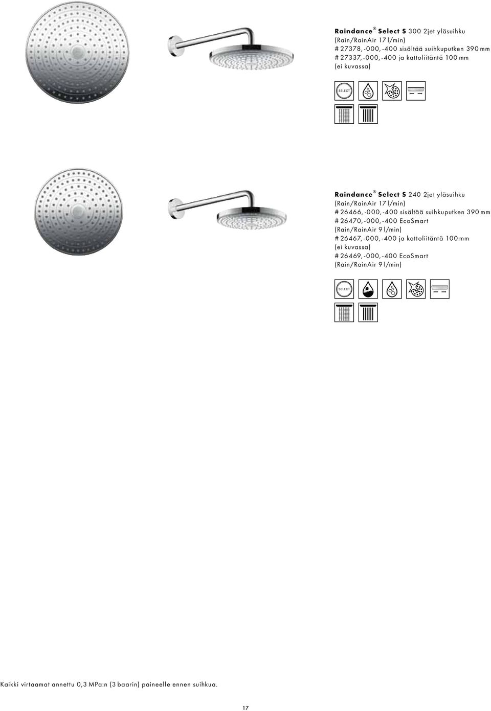 sisältää suihkuputken 390 mm # 26470, -000, -400 EcoSmart (Rain/RainAir 9 l/min) # 26467, -000, -400 ja kattoliitäntä 100 mm (ei