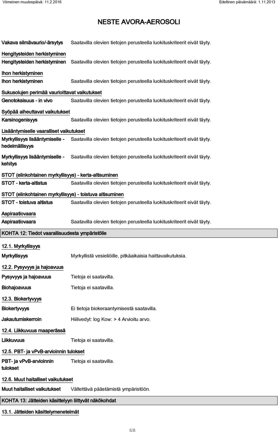 myrkyllisyys) - kerta-altisuminen STOT - kerta-altistus STOT (elinkohtainen myrkyllisyys) - toistuva altisuminen STOT - toistuva altistus Aspiraatiovaara Aspiraatiovaara KOHTA 12: Tiedot