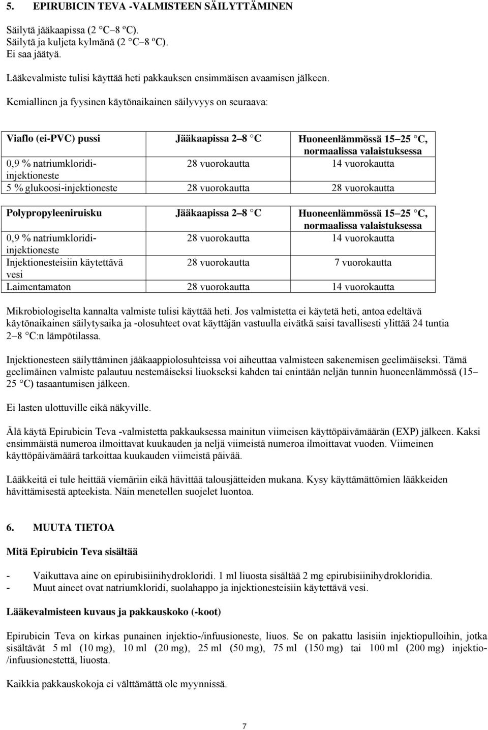 Kemiallinen ja fyysinen käytönaikainen säilyvyys on seuraava: Viaflo (ei-pvc) pussi Jääkaapissa 2 8 C Huoneenlämmössä 15 25 C, normaalissa valaistuksessa 0,9 % natriumkloridiinjektioneste 28