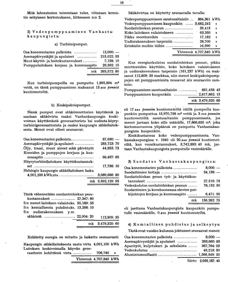 ------ mk 263.572: 80 Kun turbiinipumpuilla on pumputtu.895.894 m a vettä. on tämä pumppuaminen maksanut 3.902 penniä kuutiometriltä. b) Keskipakoispumput.
