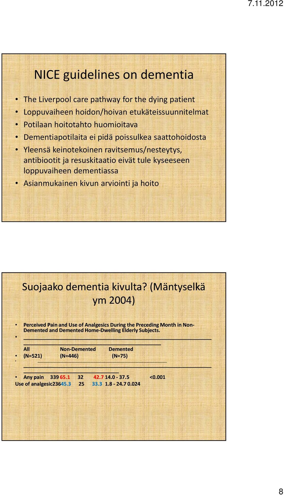 Asianmukainen kivun arviointi ja hoito Suojaako dementia kivulta?