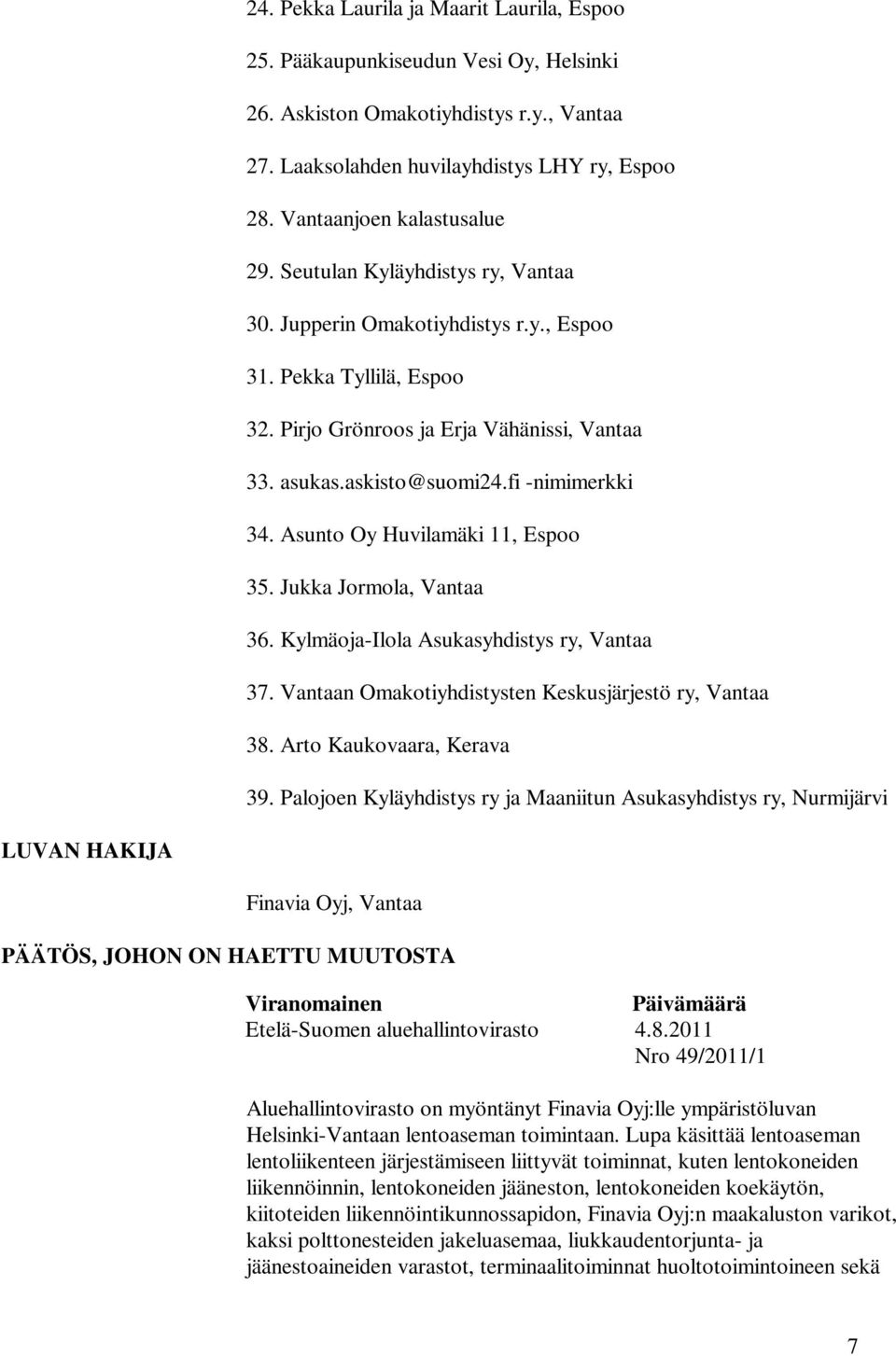 fi -nimimerkki 34. Asunto Oy Huvilamäki 11, Espoo 35. Jukka Jormola, Vantaa 36. Kylmäoja-Ilola Asukasyhdistys ry, Vantaa 37. Vantaan Omakotiyhdistysten Keskusjärjestö ry, Vantaa 38.