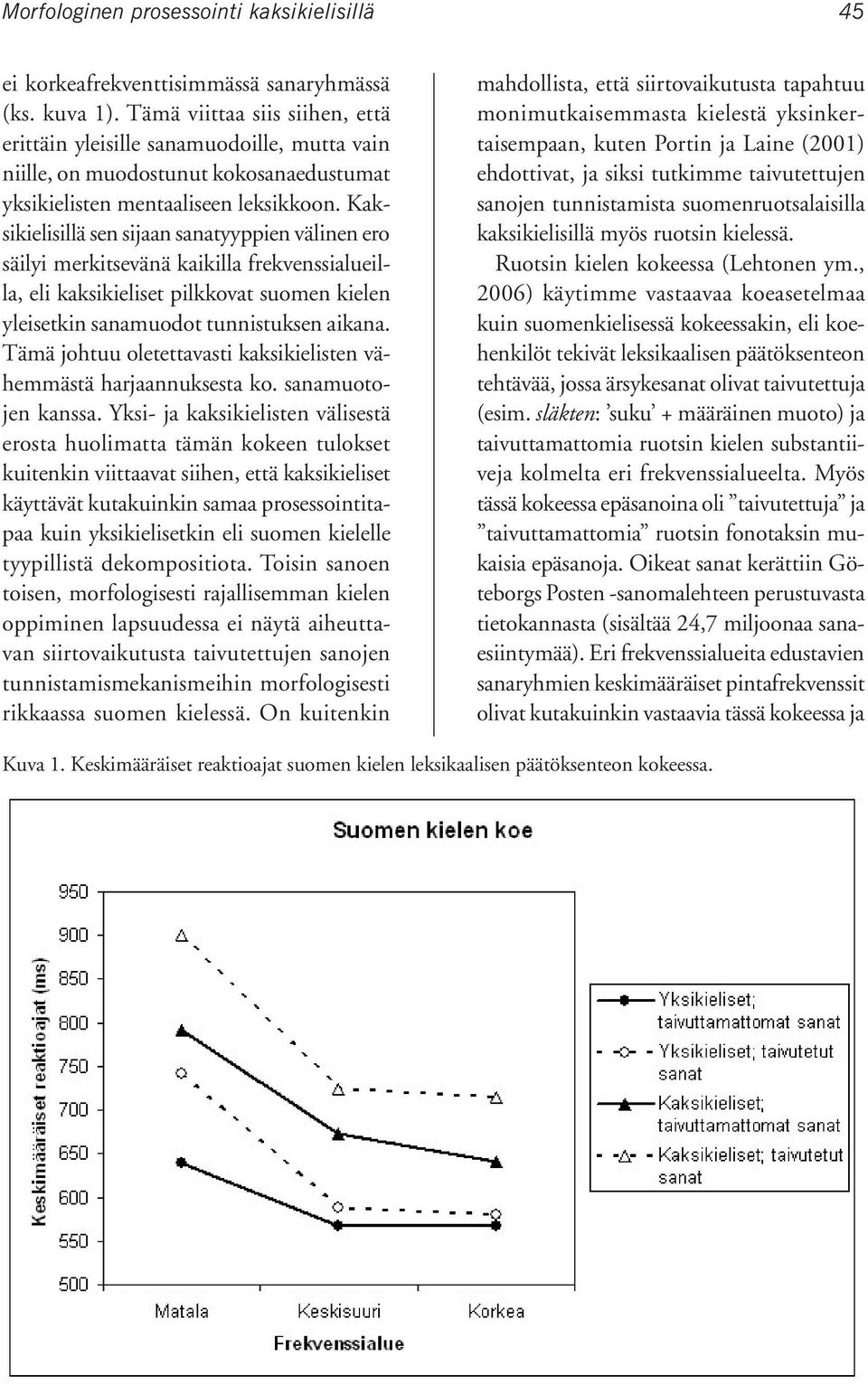 Kaksikielisillä sen sijaan sanatyyppien välinen ero säilyi merkitsevänä kaikilla frekvenssialueilla, eli kaksikieliset pilkkovat suomen kielen yleisetkin sanamuodot tunnistuksen aikana.