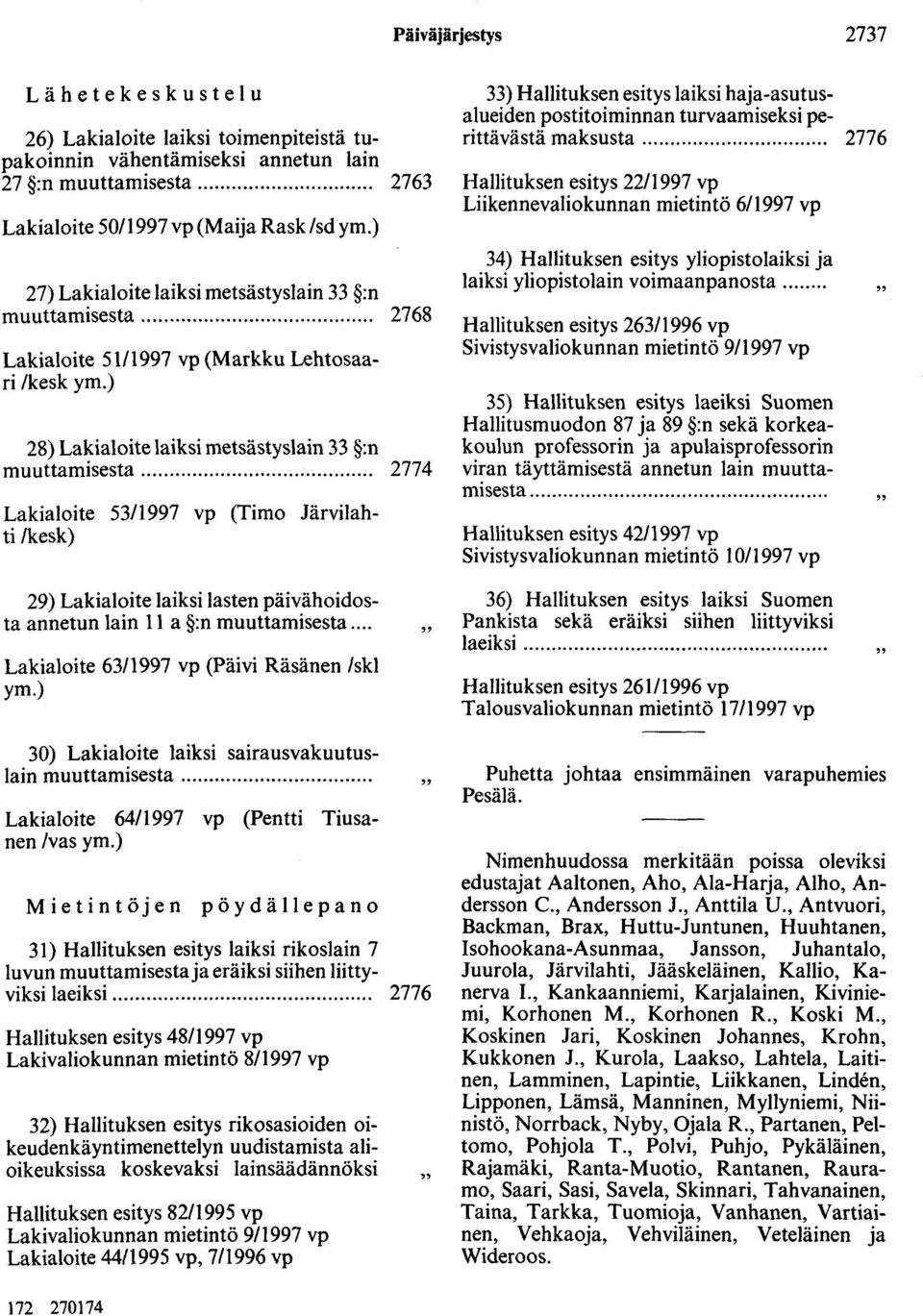 ........ 2774 Lakialoite 53/1997 vp (Timo Järvilahti /kesk) 29) Lakialoite laiksi lasten päivähoidosta annetun lain 1 1 a :n muuttamisesta... Lakialoite 63/1997 vp (Päivi Räsänen /skl ym.