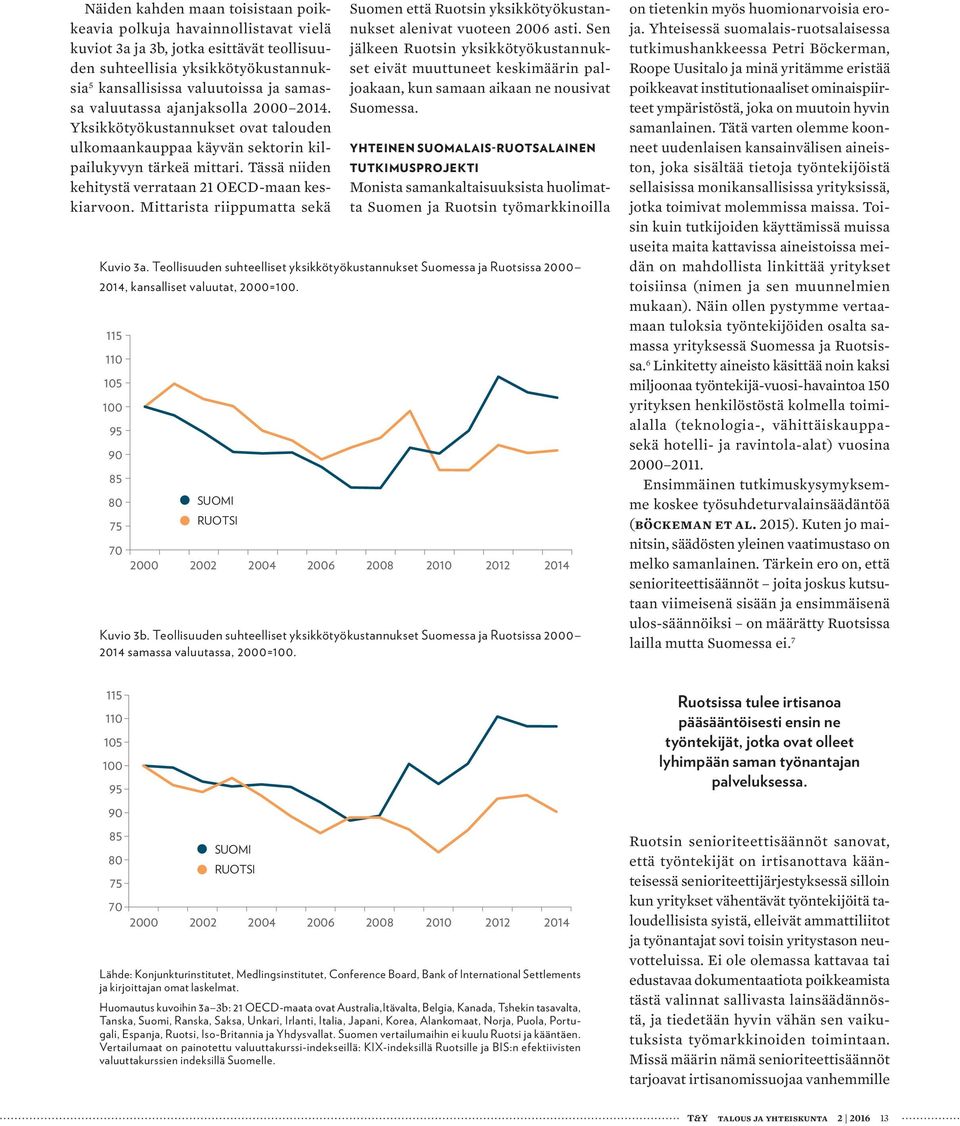 Mittarista riippumatta sekä Kuvio 3a. Teollisuuden suhteelliset yksikkötyökustannukset Suomessa ja Ruotsissa 2000 2014, kansalliset valuutat, 2000=100.