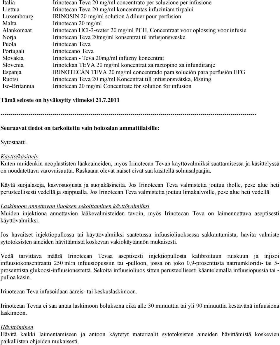 Teva 20mg/ml konsentrat til infusjonsvæske Irinotecan Teva Irinotecano Teva Irinotecan - Teva 20mg/ml infúzny koncentrát Irinotekan TEVA 20 mg/ml koncentrat za raztopino za infundiranje IRINOTECÁN