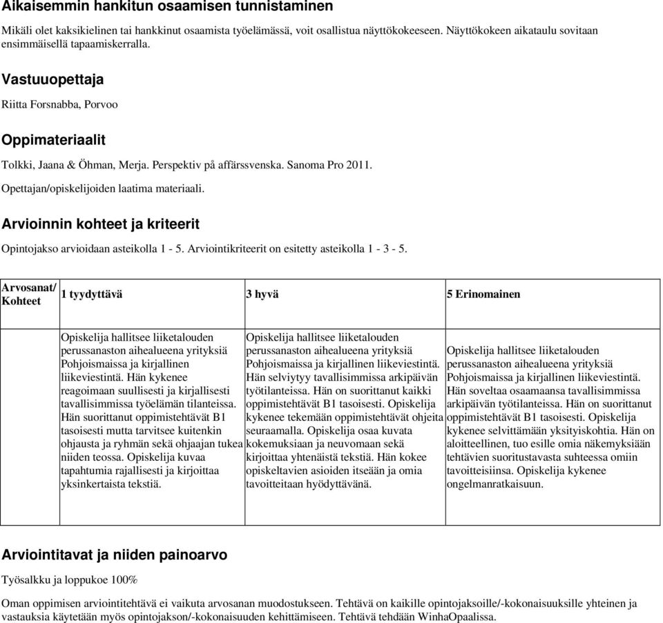 Opettajan/opiskelijoiden laatima materiaali. Arvioinnin kohteet ja kriteerit Opintojakso arvioidaan asteikolla 1-5. Arviointikriteerit on esitetty asteikolla 1-3 - 5.