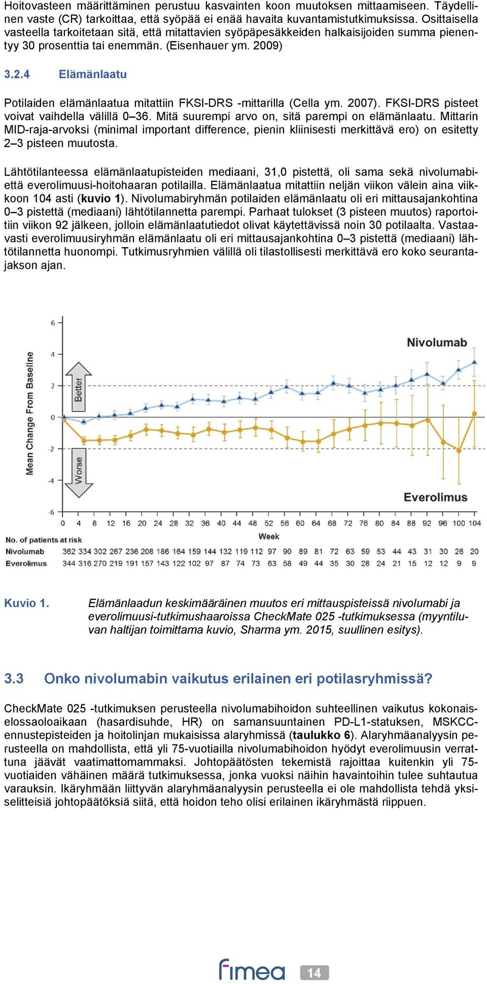 09) 3.2.4 Elämänlaatu Potilaiden elämänlaatua mitattiin FKSI-DRS -mittarilla (Cella ym. 2007). FKSI-DRS pisteet voivat vaihdella välillä 0 36. Mitä suurempi arvo on, sitä parempi on elämänlaatu.