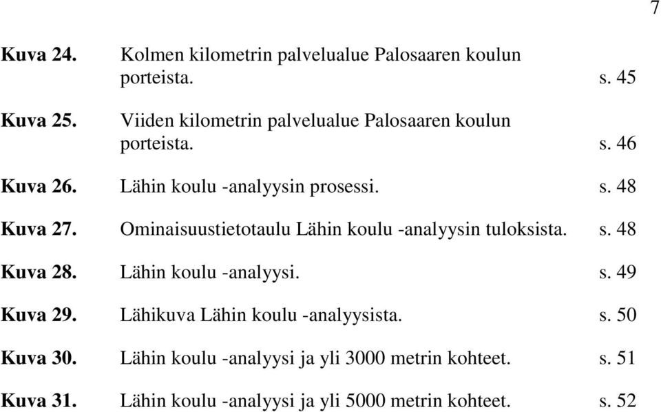 Ominaisuustietotaulu Lähin koulu -analyysin tuloksista. s. 48 Kuva 28. Lähin koulu -analyysi. s. 49 Kuva 29.