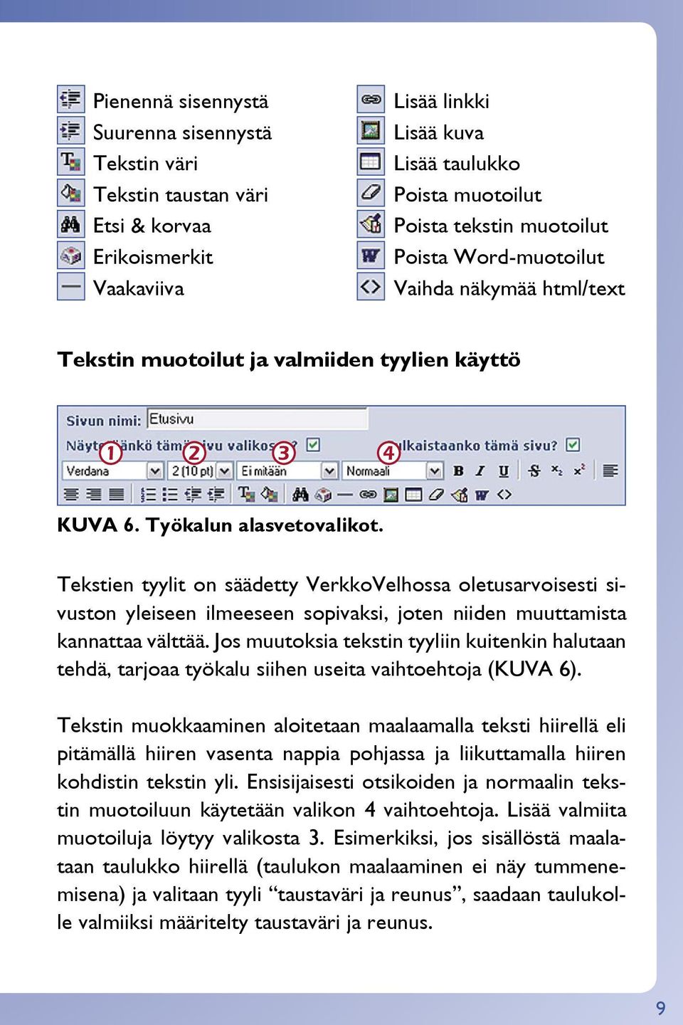 Tekstien tyylit on säädetty VerkkoVelhossa oletusarvoisesti sivuston yleiseen ilmeeseen sopivaksi, joten niiden muuttamista kannattaa välttää.