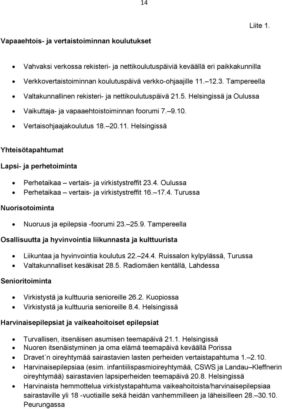 Helsingissä Yhteisötapahtumat Lapsi- ja perhetoiminta Perhetaikaa vertais- ja virkistystreffit 23.4. Oulussa Perhetaikaa vertais- ja virkistystreffit 16. 17.4. Turussa Nuorisotoiminta Nuoruus ja epilepsia -foorumi 23.