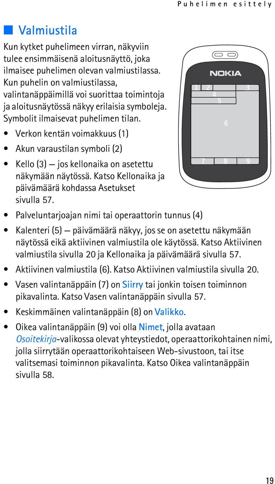 Verkon kentän voimakkuus (1) Akun varaustilan symboli (2) Kello (3) jos kellonaika on asetettu näkymään näytössä. Katso Kellonaika ja päivämäärä kohdassa Asetukset sivulla 57.