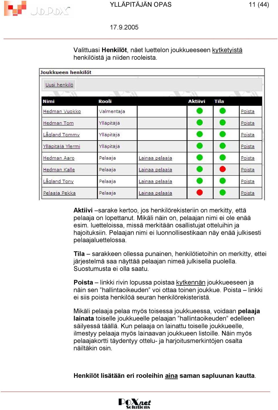 luetteloissa, missä merkitään osallistujat otteluihin ja hajoituksiin. Pelaajan nimi ei luonnollisestikaan näy enää julkisesti pelaajaluettelossa.