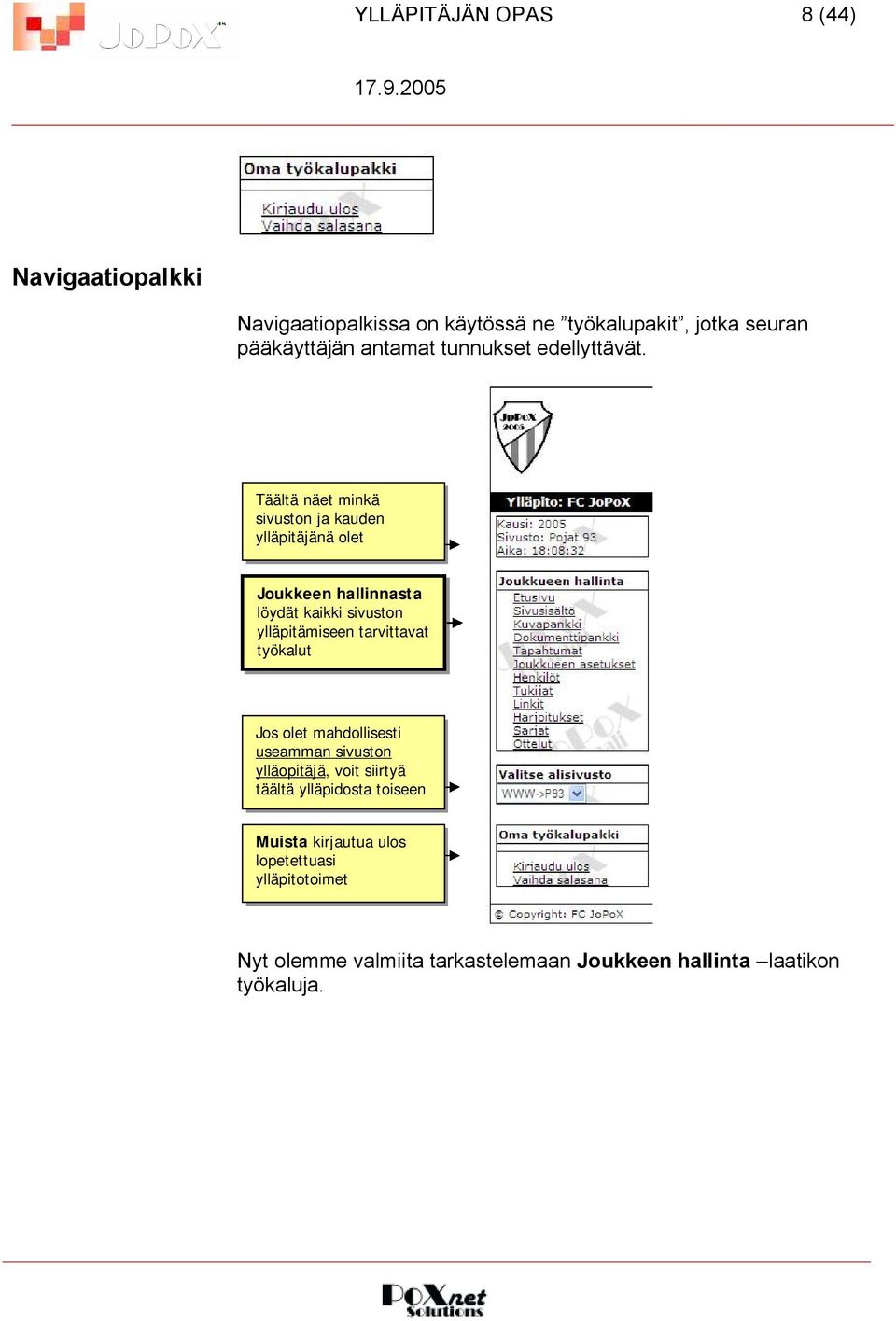 Täältä näet minkä sivuston ja kauden ylläpitäjänä olet Joukkeen hallinnasta löydät kaikki sivuston ylläpitämiseen